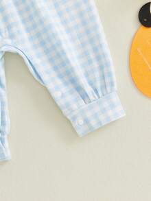 Mono de Halloween para bebé niño/niña, a cuadros, con calabaza bordada, manga larga, cuello de muñeca, mono burbuja, ropa infantil adorable para otoño. - Azul - Ver 9