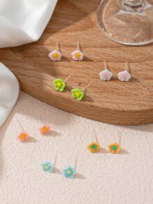 6 Pairs Multicolor Cute Fashion Floral Stud Earrings Set For Women, Suitable For Daily Wear, Dating And Outings, Jewelry Holiday Gift For Friends - Multicolor - View 2
