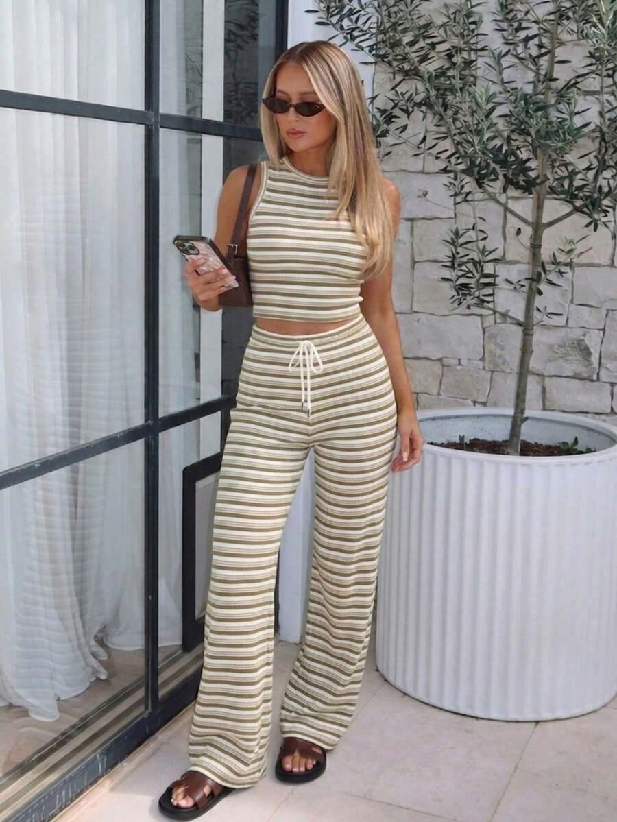 Conjunto de top sin mangas y pantalones largos con estampado de rayas, estilo casual, de moda, para yoga, deportes, calle y desplazamientos, elegante para el verano - Caqui - Ver 1