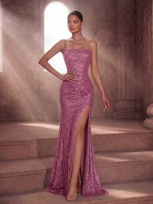 ADYCE Sequin Backless Ruched Slit Maxi Dress, Suitable For Party, Event, Wedding Guest, Formal Occasion, Banquet - Dusty Pink - View 6