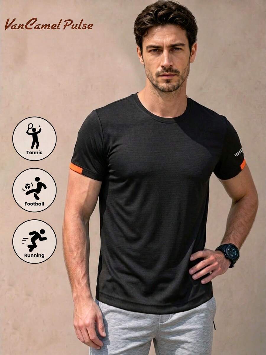 Vancamel Pulse Men's Short Sleeve Mesh Breathable Loose Lightweight Sports T-Shirt, Solid Color Versatile Casual Home & Leisure Tee For Daily Workout And Commute - Black - View 1