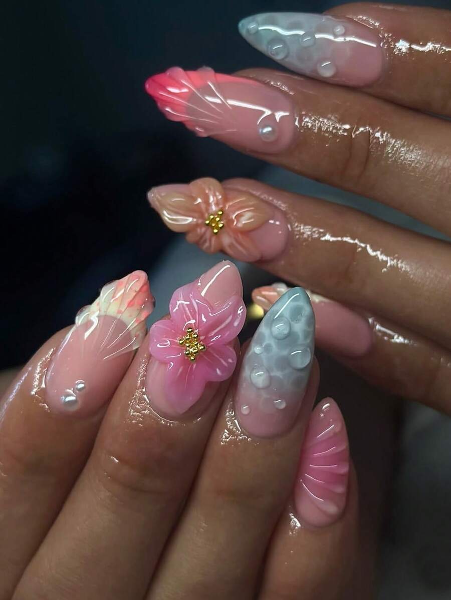 手工精緻花卉夏季美甲 3D貝殼 3D花朵波浪美甲 3D花卉中長杏仁形美甲 適合女性女孩日常配戴 手工穿戴甲