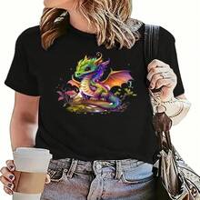 Dragón de dibujos animados imprimir camiseta, cuello de la tripulación casual corto Sve Top para la primavera y el verano, ropa de Wo - Negro - Ver 1