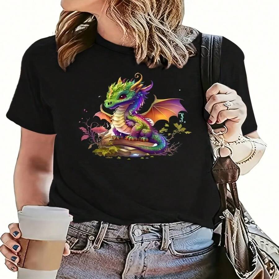 Dragón de dibujos animados imprimir camiseta, cuello de la tripulación casual corto Sve Top para la primavera y el verano, ropa de Wo - Negro - Ver 1
