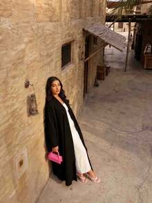 1pc Women's Lightweight Breathable Yellow Batwing Sleeve Robe, Simple Elegant Design, Suitable For Daily Wear, Holiday Occasions And Versatile Gatherings - Black - View 2