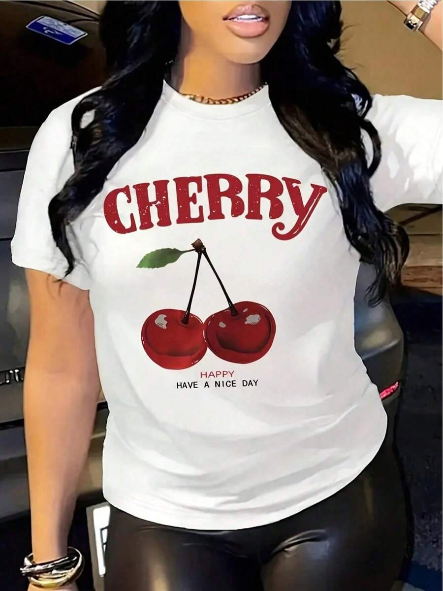 Women's White T-Shirt, Casual Short-Sleeved T-Shirt, Round Neck, Cherry Print, Casual Spring And Summer Wear, Blouse, Casual Fit T-Shirt Style - 白色 - 查看 1