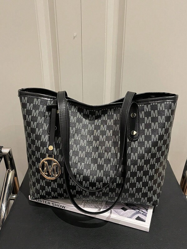 1pc Solid Color Letter Tag Tote Bag, Women's Large Capacity PU Shoulder Handbag, Commuter Casual Big Bag