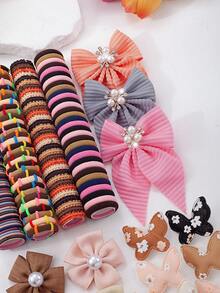 167pcs Vintage Soft Girl Ins Style Hair Accessories Set, Includes Rhinestone Pearl Bow Hair Clips, Printed Butterfly Hair Clips, Pearl Flower Hair Clips, High Elastic Hair Ties, Multi-Style Combination, Non-Damaging Design, Suitable For Daily Wear, Outings, Parties - Multicolor - View 7