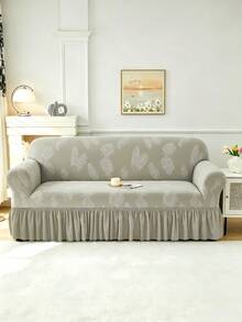 1pc Plush Fabric Anti-Slip Elastic Decorative Sofa Cover, Jacquard Leaf Pattern, Pet Proof, Suitable For 1/2/3/4 Seater Sofa, All Season - Light Grey - View 5