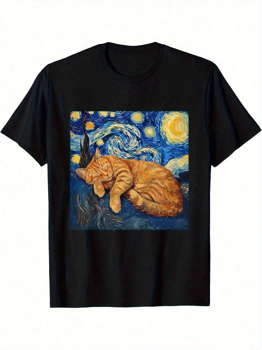 Men's Short-Sleeved, Crew-Neck T-Shirt With An Orange Cat And Spiral Star Design, Ideal For Casual Wear In All Seasons - 黑色 - 查看 1