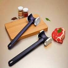 1pc Stainless Steel Meat Tenderizer, Double-Sided Meat Mallet, Steak Pounder, Kitchen Tool, Meat Tenderizing Hammer, Suitable For Picnic, Travel, Camping, BBQ - Metal Material - Black and Silver - View 2