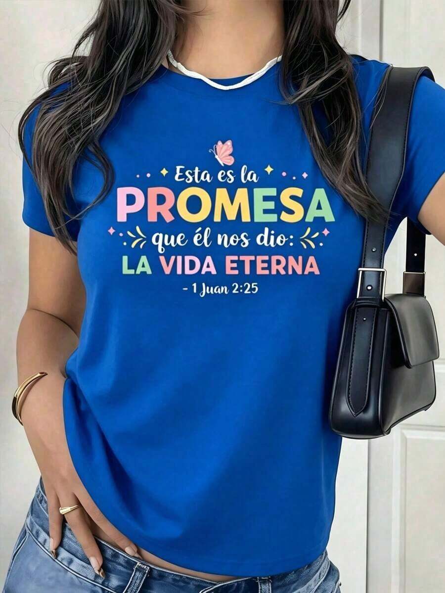 Women's Casual Holiday Shirt, Black T-Shirt For Women With Bible Verse "ETERNAL LIFE", Christian Faith T-Shirt With Positive Message, Inspirational And Religious Style Blouse, Casual Top With Colorful Letters For Gift, Suitable For Outdoor Leisure And Daily Wear. - 藍色 - 查看 1