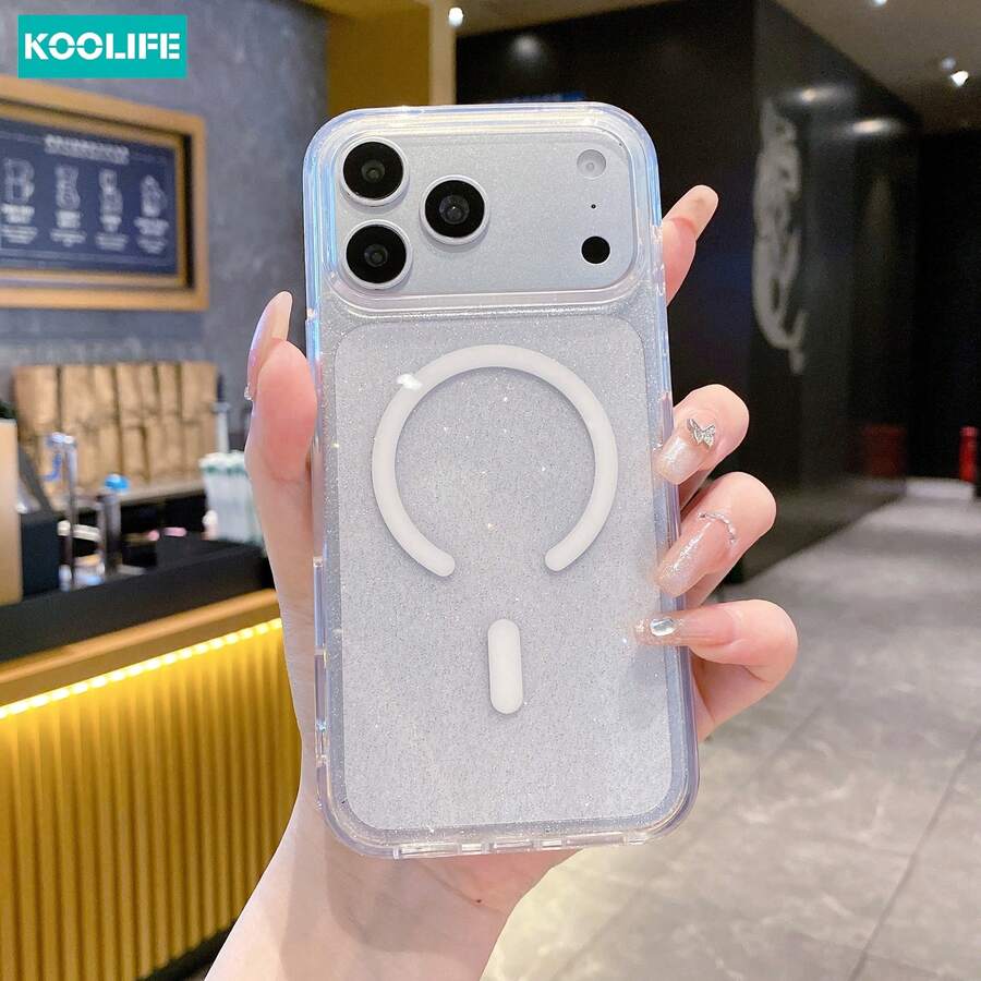 Koolife 1pc Silver Glitter Magnetic Phone Case, 2-In-1 PC+TPU Shockproof Cover, Transparent Frame With Sparkling Glitter Finish, MagSafe Compatible Protective Case Compatible With Apple 17/17pro/17promax/16/15