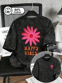 大尺碼女款復古水洗雪花T恤，「Happy Vibes」雙面印花，休閒圓領短袖，夏季上衣，T恤。黑色 - 黑色 - 查看 2