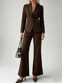 Bộ đồ nữ màu nâu, gồm áo blazer thắt eo và quần ống rộng, thích hợp cho các dịp công sở. - màu nâu - Xem 5