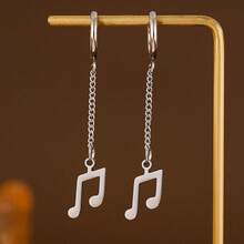 1 Pair Stainless Steel Musical Note Chain Dangle Hoop Earrings, Punk Rock Style Stainless Steel Ear Drops, Gold And Silver Available, Men And Women Music Festival Daily Versatile Jewelry - Note - View 2
