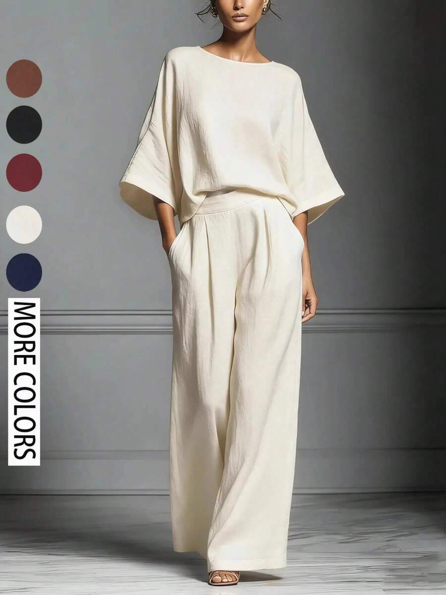 Women's Elegant Bell Sleeve Linen Set, Summer 2026, Casual And Elegant Style, European And American Style, Comfortable And Chic - 奶油 - 查看 1