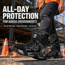 Men's Black High-Top Steel Toe Work Sneakers, Puncture-Proof Safety Shoes With Kevlar Midsole, Breathable Mesh Industrial Work Boots, Anti-Slip Shock Absorption, Wear-Resistant Construction Footwear, Durable All-Day Comfort Safety Shoes For Construction Workers, Warehouse Staff, Factory Workers & Mechanics, ASTM Compliant Protective Work Shoes, Lightweight Indestructible Black Orange Work Footwear For Men - Black - View 7