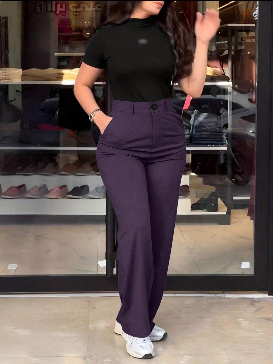 Women's Violet Polyester Straight Leg Pants With Pockets And Button Zipper Closure, Perfect For Fall Women Clothes - Purple - View 1
