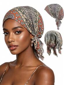 CONFLASS Red Floral Bohemian Style Black & White Floral Pre-Tied Headband - Soft, Comfortable Stretchy Headwrap With Tails, Breathable Hair Care, Suitable For Sleeping, Chemotherapy And Muslim Fashion - Multicolor - View 18