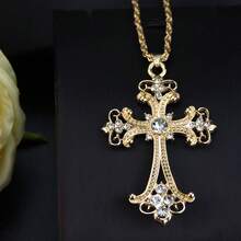 1pc Vintage European & American Cross Pendant Necklace, Inlaid With Rhinestones, Baroque Floral Pattern, Classical Religious Jewelry Cross Necklace - Pendant Necklace - View 14