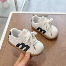 1 par de zapatos para niños talla 21-30, zapatos pequeños blancos con cordones de imitación de cuero, zapatillas casuales con suela blanda antideslizante para bebés/niños pequeños, unisex adecuados para todas las estaciones - Negro - Ver 2