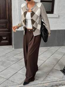 Plus Size Women's Round Neck Argyle Knit Cardigan, Autumn/Winter Long Sleeve Short Style, Daily Casual Essential - Multicolor - View 3