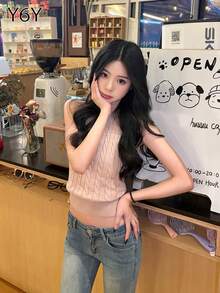 [Y6Y] 女士粉色露背吊带针织背心，纹理下摆露脐上衣，适合夏季海滩度假穿着 - 粉色 - 查看 2