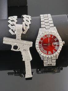 Men's Hip Hop Gun Pendant Jewelry Set, Cuban Chain Bracelet & Watch 1 Set, 15mm Diamond Street Style Shiny Set, Men's Gift, Suitable For Party & Birthday - Gun Pendant Necklace Set - View 2