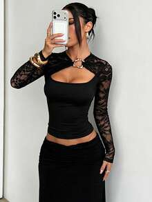 1pc Solid Color Knit Fabric Lace Top, Vacation Beach Summer - Black - View 4