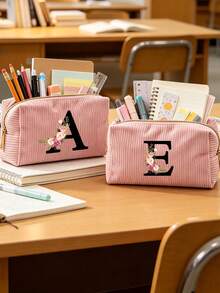 Customized A-Z Letter Corduroy Pencil Case, Customized Initial, Back To School Essential Pencil Bag, Valentine's Day Gift Makeup Bag, Ramadan Gift Choice, Large Capacity Travel Cosmetic Organizer (Smooth Zipper), Fresh And Cool Pink & White Letter Print Design, Lightweight And Foldable, Portable And Easy To Store, Thoughtful Gift For Girlfriend/Bridesmaid, Durable Toiletry Organizer For Home And Travel, Popular Back To School Gift - Multiple Styles - View 4