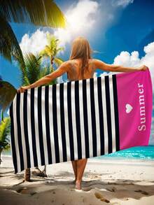 1pc Pink Striped Summer Custom Beach Towel, Quick Absorbent Lightweight Fast Drying, Suitable For Beach, Pool, Spa, Personalized Design, Minimalist Elegant, Multifunctional, High Quality, Unique, Ideal Gift For Men, Tea Room, Home, Garden, Office, Anniversary, Valentine's Day, Mother's Day, Birthday, Father's Day, Graduation, Wedding, Housewarming, Everlasting Love - Multicolor - View 2