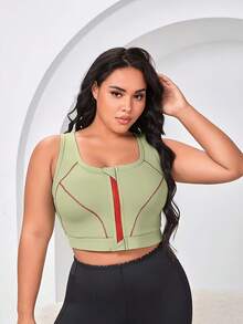 Front Zipper/Contrast Color/Women Plus Size/Removable Padded/Outdoor/Yoga/Sports Bra - Green - View 6