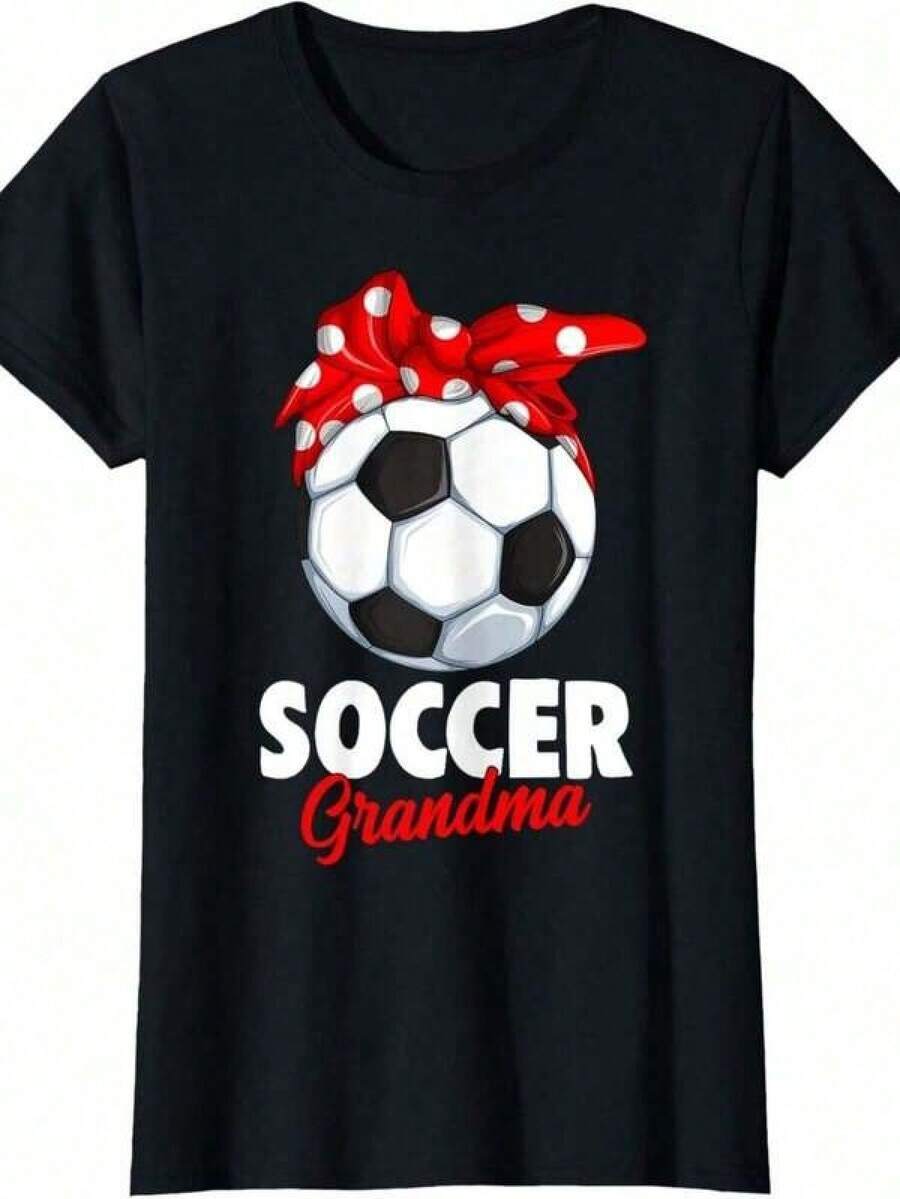Camisetas casuales para mujer, camiseta de "madre futbolera" para mujer - Camiseta de manga corta con estampado de abuela y fútbol, blusa casual de cuello redondo para verano, primavera y eventos, camiseta para mujer, estilo Y2K, camisetas de moda de verano, conjuntos y tops casuales de streetwear. - Negro - Ver 1