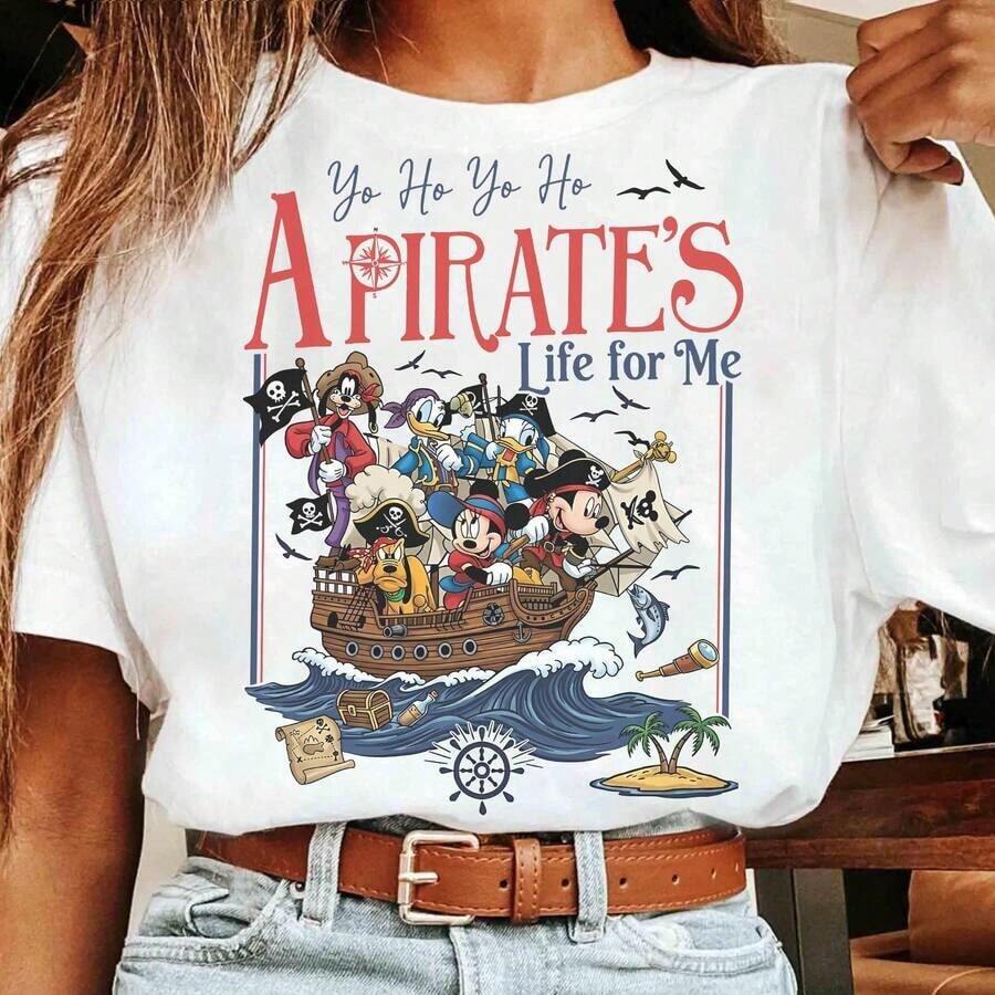 Disney Women's Loose T-Shirt 1PC Licensed "Yo Ho Yo Ho A Pirate's Life For Me Mickey & Friends Pirate Ship" Cartoon Printed Oversized T‑Shirt, Short Sleeve Tee For Disney Travel, Vacations & Theme Parks. 2026 New Style, Ideal For Family Outings & Matching Outfits, Unisex For All Ages. High‑Quality Cotton Fabric, Soft & Breathable. Retro Nautical Pirate Ship & Ocean Wave Scene Print Design, The Best Gift For Disney Fans & PiratesoftheCaribbean Vacation Lovers. - trắng - Xem 1