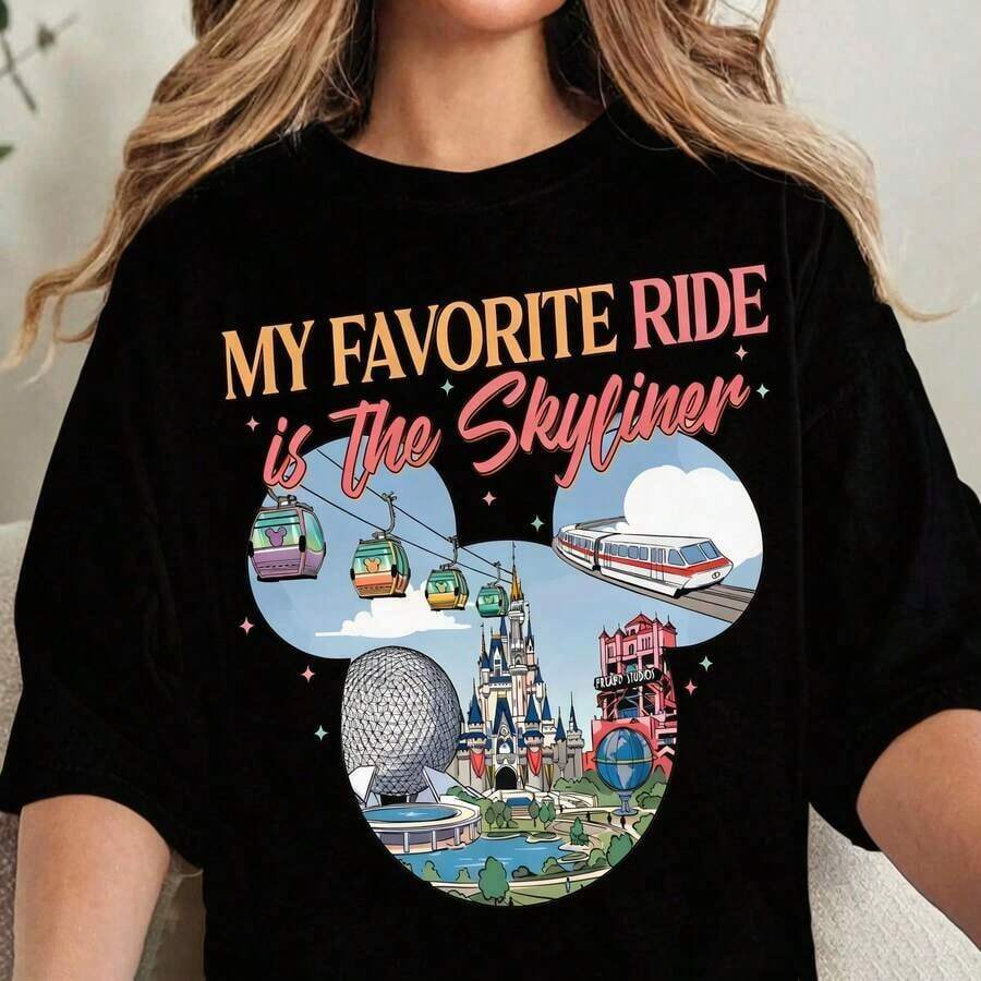 Disney Women's T-Shirt  1PC Licensed "Mickey‑Shaped Disney Park Landmarks Skyliner Monorail Epcot Castle  Studios" Cartoon Printed Oversized T‑Shirt, Short Sleeve Tee For Disney Travel, Vacations & Theme Parks. 2026 New Style, Ideal For Family Matching Outfits, Unisex For All Ages. High‑Quality Cotton Fabric, Soft & Breathable. Vibrant Retro‑Style Park Transport And Landmark Print Design, Perfect Gift For Disney Transportation Lovers And Family Trip Outfits. - Black - View 1
