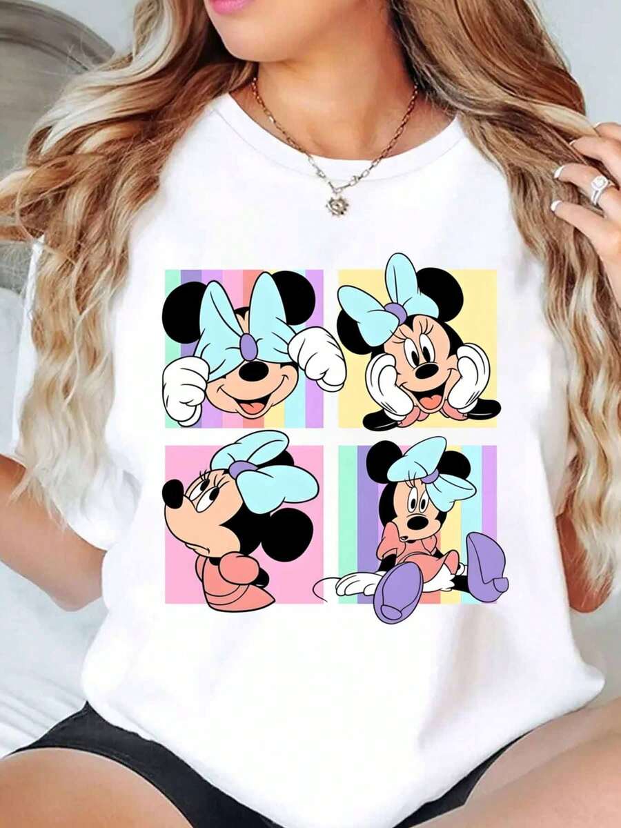 Minnie Mouse Rainbow Portrait Print Disney Women T Shirt Round Neck Short Sleeve Casual Daily Wear Summer Outfit Soft Comfortable 220g - trắng - Xem 1