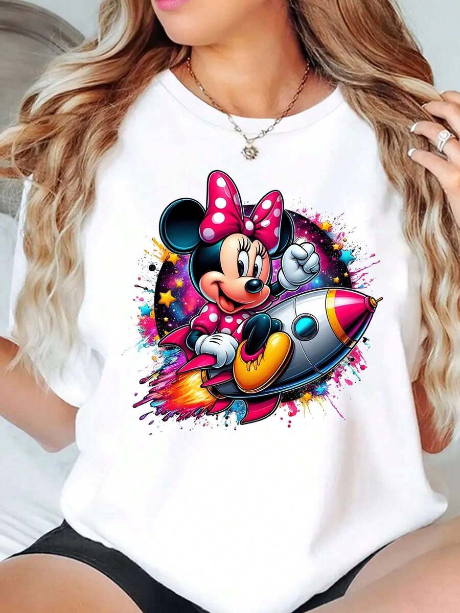 Minnie Mouse Riding Rocket Ship With Stars And Colors Print Disney Women T Shirt Round Neck Short Sleeve Casual Daily Wear Summer Holiday Soft Comfortable 220g - 白色 - 查看 1