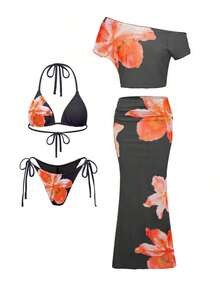 Bonvoyette Conjunto de 4 piezas para vacaciones de mujer: Top de bikini con estampado de cuello halter, Bottom de traje de baño, falda larga tipo sarong y cubre-todo - Negro 2 - Ver 3