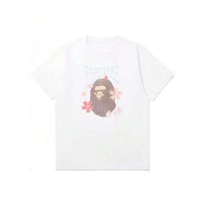 Unisex czysty bawełniany letni T-shirt z krótkim rękawem, męski bawełniany T-shirt z krótkim rękawem z nadrukiem głowy małpy i kwiatów wiśni, Y2k, Tri