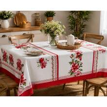 Luxury Oxford Rustic Linen Tablecloth For 4/6/8 People, Various Prints - Red Floral - View 2