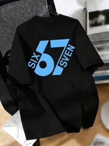 Summer Short-Sleeved T-Shirt For Boys, "67" With A Fun Digital Design. Suitable For Casual Wear, School, And Everyday Wear. - Hitam - View 3