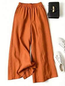 Women's Solid Color Casual Wide Leg Pants With Front Pocket Decor For Autumn Commute - Orange - View 2