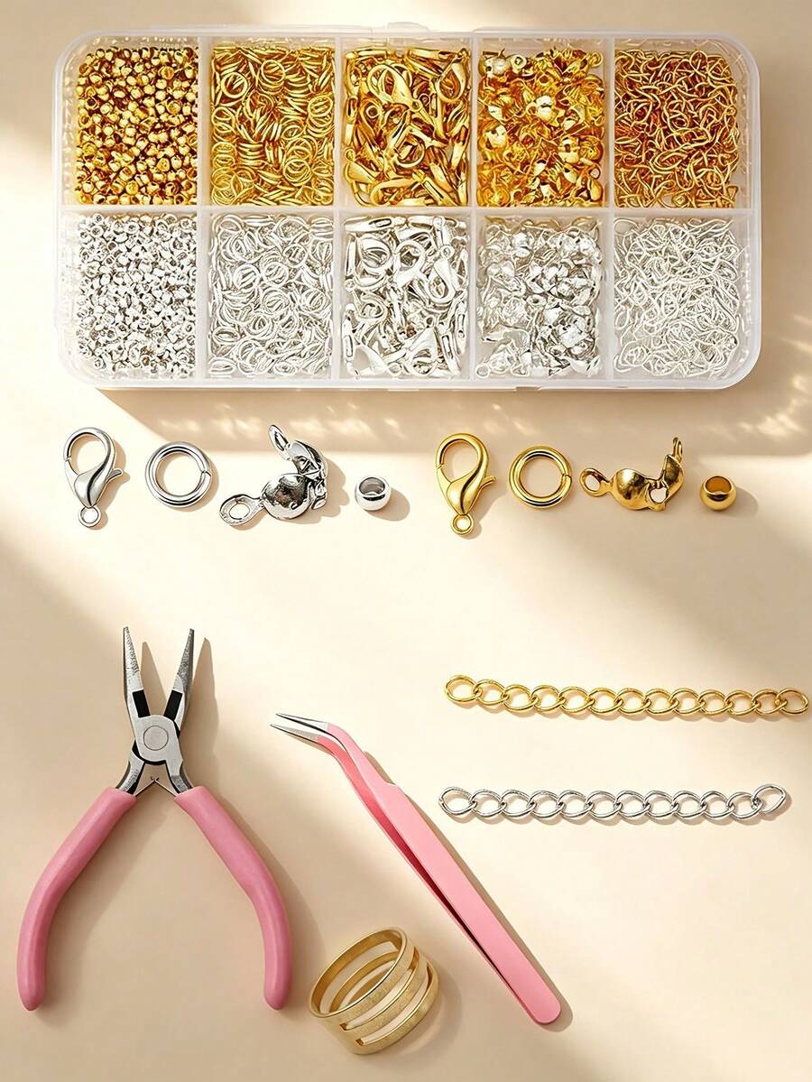 1 Box Gold/Silver Beads For DIY Jewelry Making, Handmade Jewelry Making Materials, Bracelet Making Kit, Includes Lobster Clasp, Crimp Bead, Jump Ring, Metal Chain, Fixing Clip, Needle Nose Pliers, Tweezers, Suitable For Beginners And Enthusiasts - 10-slot Gold/silver Set - View 1