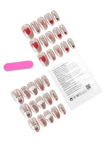 30pcs Almond Shaped/Cute Sweet Korean/Japanese Style False Nail Stickers For Women, Suitable For Parties, Festivals And Daily Use. Includes 1pc Glue And 1pc Nail File - Multicolor - View 5