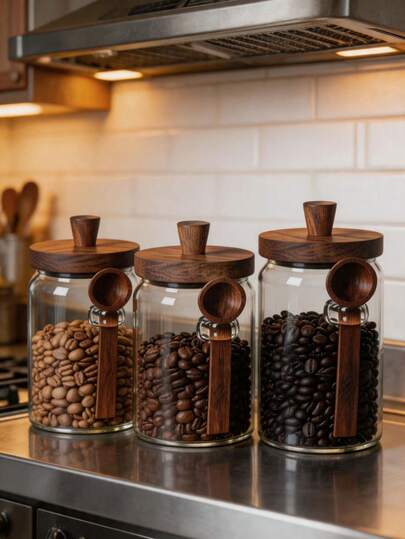 Multi Size 3Pcs Glass Storage Jars Set With Wooden Covers And Matching Spoons, Close Sealed Moisture Proof Household Canisters, Retro Farmhouse Decorative Desktop Organizer, Widely Applied In Dry Food Storage And Personal Care Goods Arrangement, Solid Glass Body Durable For Daily Use, Convenient Daily Sorting Container For Family Indoor Space