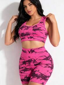 Women's Yoga Colorblock Seamless Sports Set Workout Legging Two Piece Set Athletic Two Piece Set Fitness Outfit Two Piece Workout Set Active Two Piece Set Black Two Piece Athletic Set - Màu Hoa hồng đỏ - Xem 1
