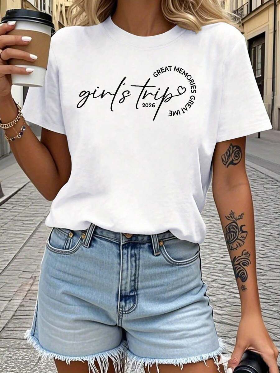 Women's Travel T-Shirt 2026, Modern Casual Style With Cartoon Print, Handwritten Slogan Design, Travel Commemorative Style, Best Friends Matching T-Shirt, Comfortable Spring/Summer T-Shirt - 白色 - 查看 1