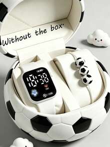 2pcs/Set, Fashionable Minimalist Youth Square Football Pattern LED Digital Electronic Watch With Football Bracelet, Suitable For Wearing At Parties, Trips, Ideal Gift For Friends During Back To School Season, World Cup, Holidays - Multicolor - View 2
