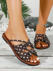 Women's Fashion Flat Sandals, Elegant And Cute Brown Polka Dot Pattern, Double Strap Design, Comfortable And Versatile Beach Vacation Shoes - Brown Polka Dots - View 5